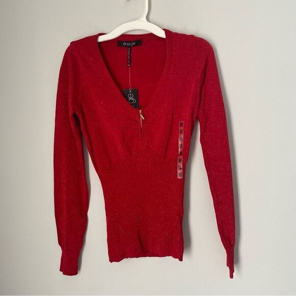 Energie Women’s Deep V Neck Sparkly Red Long Sleeve Sweater size M - Picture 1 of 3